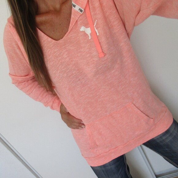 🌸SOLD🌸 PINK Victoria's Secret Hoodie Large Neon Tunic Sweatshirt - Picture 1 of 9